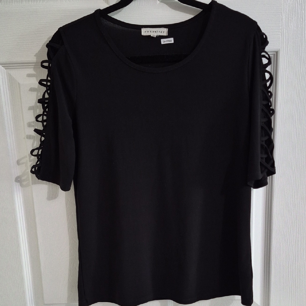 RETROLOGY, black top with Ladder detail sleeves, stretch, career, office, Med